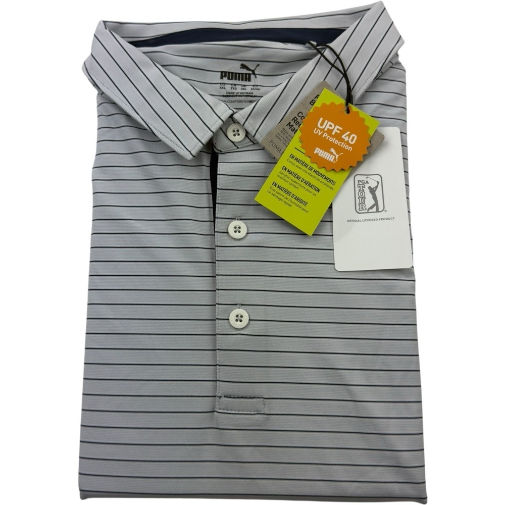 Puma Golf Ash Gray w/ Navy Blue Stripe PGA Tour‎ Matt Bay Short Sleeve Polo 2XL